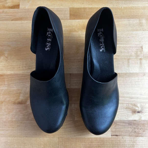 Korks Arielle Kork Ease Black Leather Wood Heel Clogs D'Orsay Shoes Size 9 - Picture 2 of 10